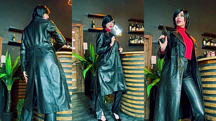 sexy onlyfans model Lera Himera looks hot in leather coat