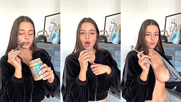Sonya Jess shows her amazing boobs while taking her peanut butter