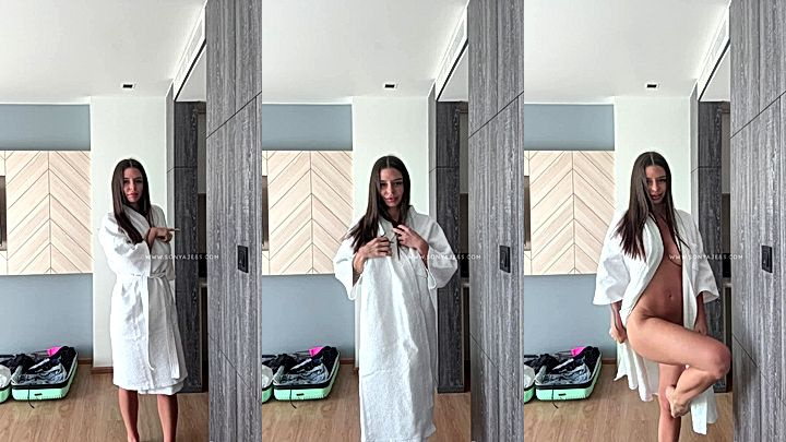 Sonya Jess in her sexy white robe takes off her dress to reveal her sexy body