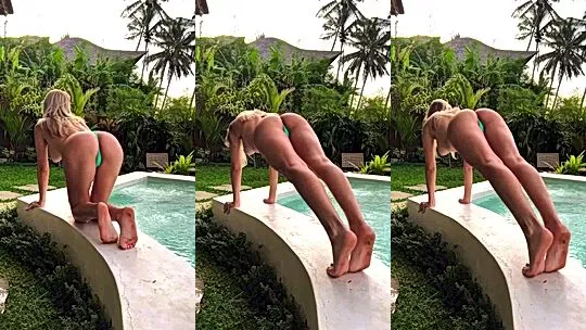 busty onlyfans model Ekaterina Enokaeva streaches by the pool and shows her big ass